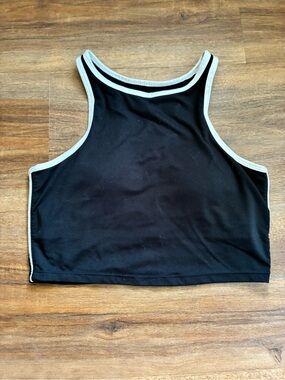 Fabletics Black Racerback Long Line Sports Bra/Crop Tank with White Trim